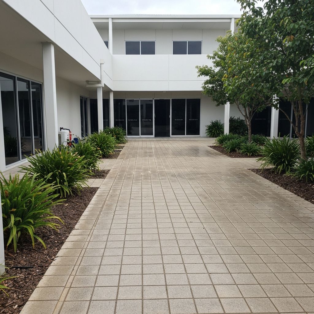 Clean commercial outdoor courtyard with pressure washed pavers and tidy landscaping