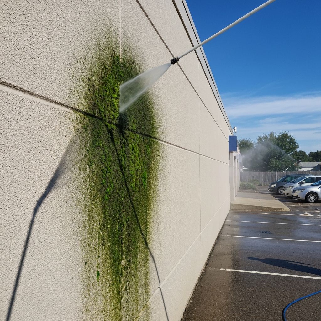 Soft washing of a rendered commercial building exterior wall